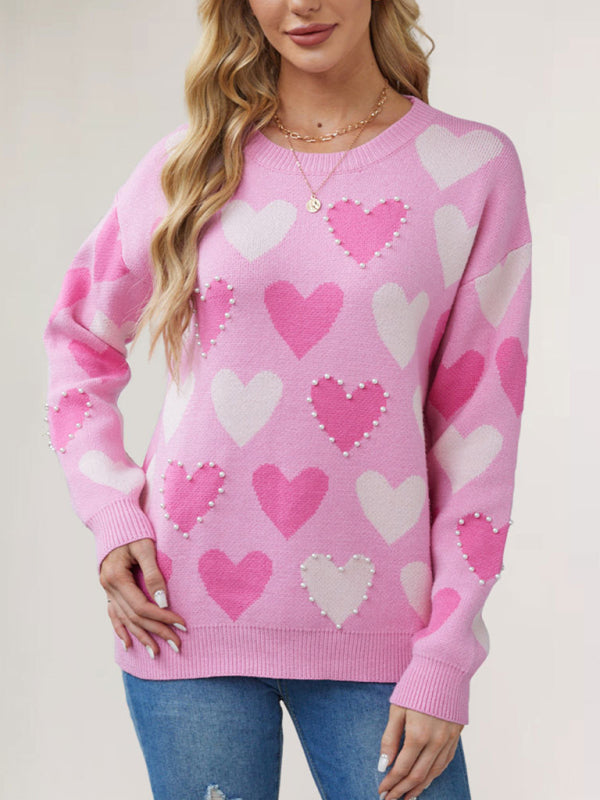 Women's Pullover Round Neck Hand-beaded Craft Knitted Sweater