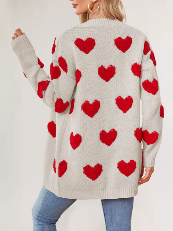 Women's Heart Knitted Midi Jacket V-Neck Button Cardigan