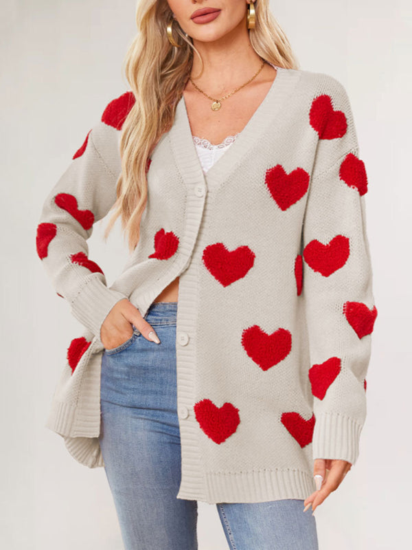 Women's Heart Knitted Midi Jacket V-Neck Button Cardigan