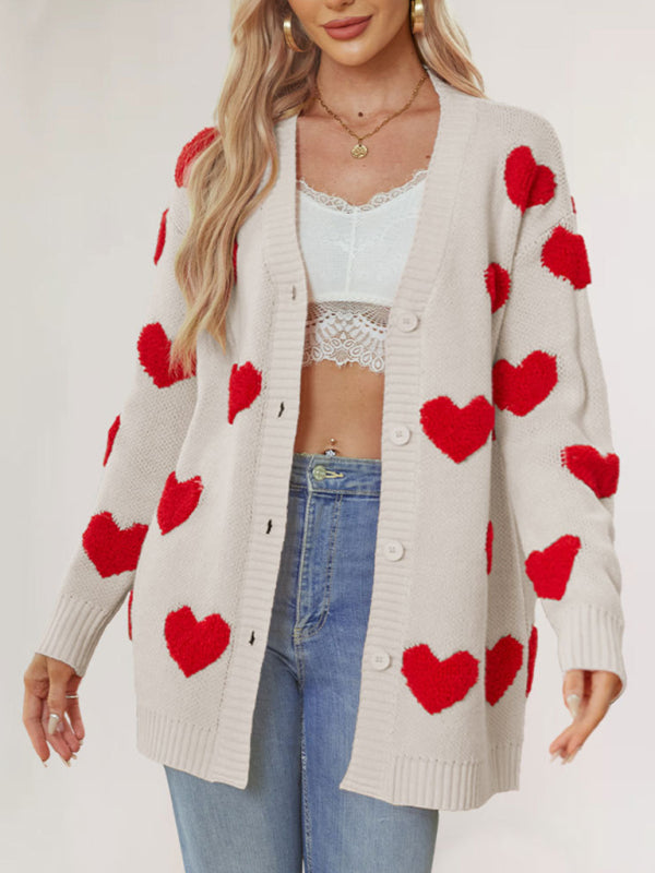 Women's Heart Knitted Midi Jacket V-Neck Button Cardigan