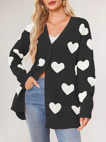 Women's Heart Knitted Midi Jacket V-Neck Button Cardigan