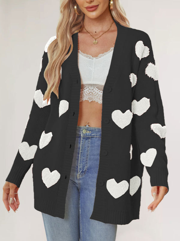 Women's Heart Knitted Midi Jacket V-Neck Button Cardigan