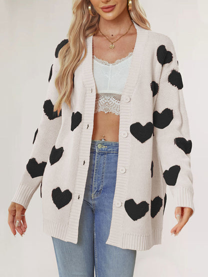 Women's Heart Knitted Midi Jacket V-Neck Button Cardigan