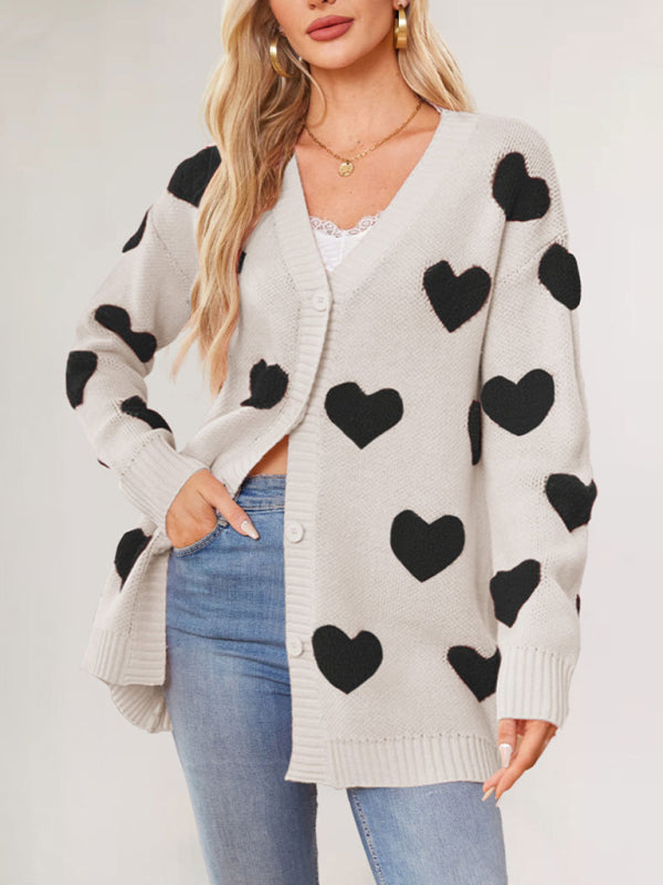 Women's Heart Knitted Midi Jacket V-Neck Button Cardigan