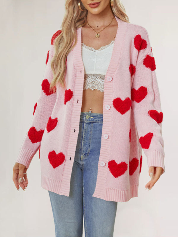 Women's Heart Knitted Midi Jacket V-Neck Button Cardigan