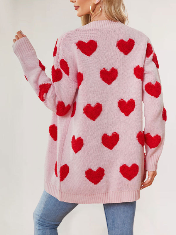 Women's Heart Knitted Midi Jacket V-Neck Button Cardigan