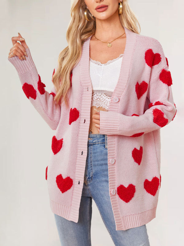 Women's Heart Knitted Midi Jacket V-Neck Button Cardigan