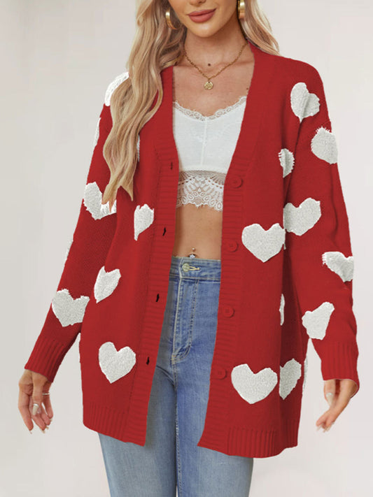 Women's Heart Knitted Midi Jacket V-Neck Button Cardigan