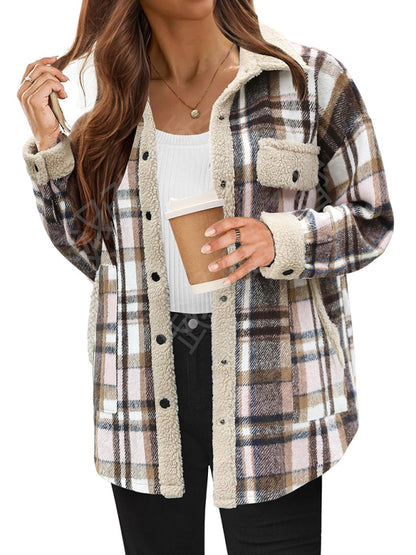 Women's contrast color plaid jacket casual lapel velvet coat