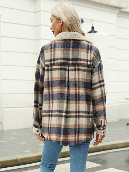 Women's contrast color plaid jacket casual lapel velvet coat