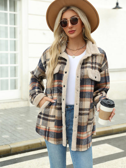 Women's contrast color plaid jacket casual lapel velvet coat