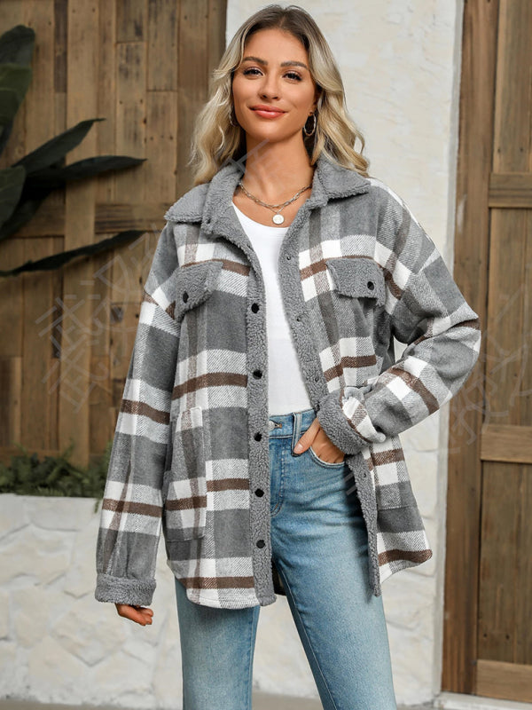 Women's contrast color plaid jacket casual lapel velvet coat