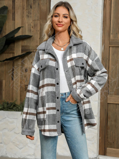 Women's contrast color plaid jacket casual lapel velvet coat