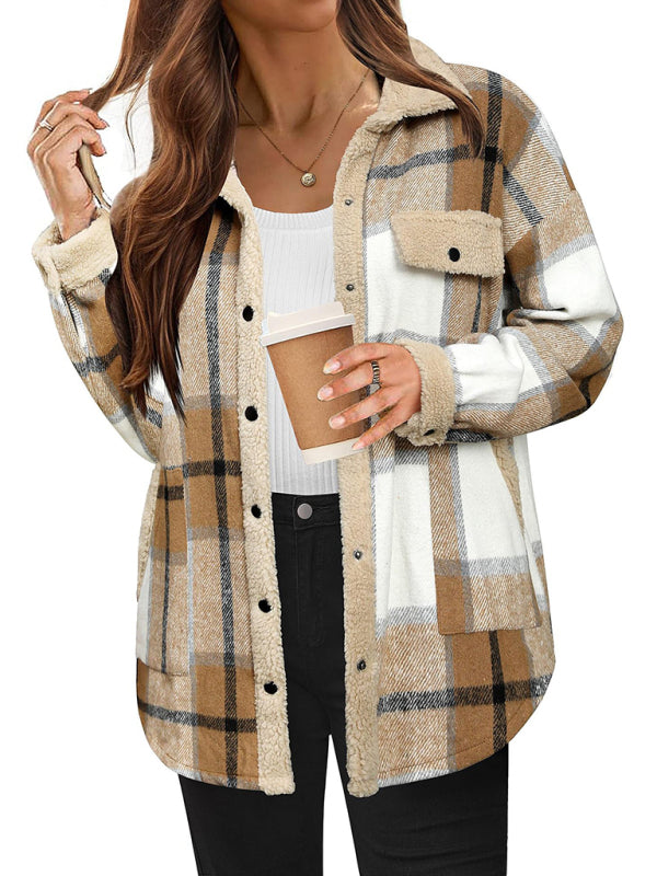 Women's contrast color plaid jacket casual lapel velvet coat