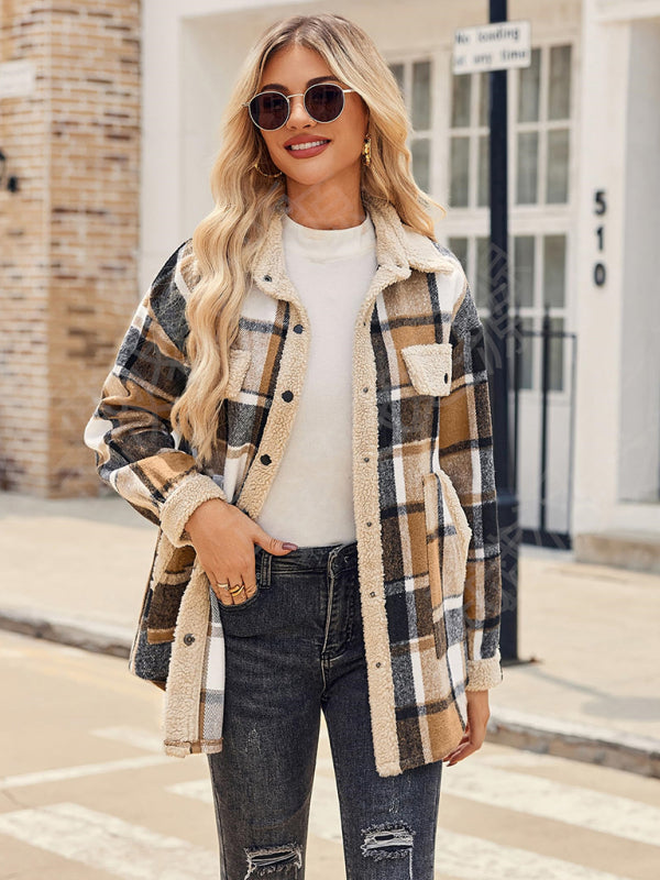 Women's contrast color plaid jacket casual lapel velvet coat