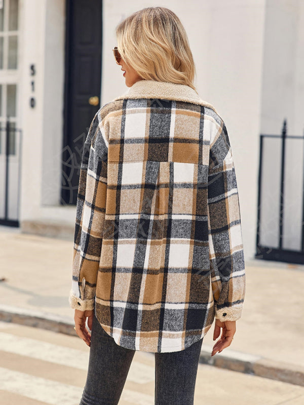 Women's contrast color plaid jacket casual lapel velvet coat