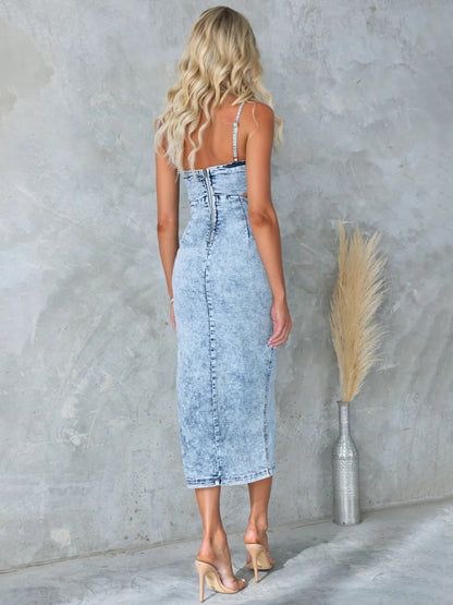 Women's suspenders distressed sexy denim dress