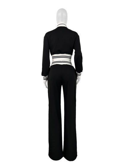 Women's Stitching Contrast Wide Leg Flared Pants Two-Piece Set