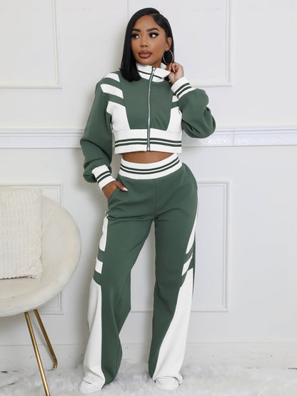 Women's Stitching Contrast Wide Leg Flared Pants Two-Piece Set