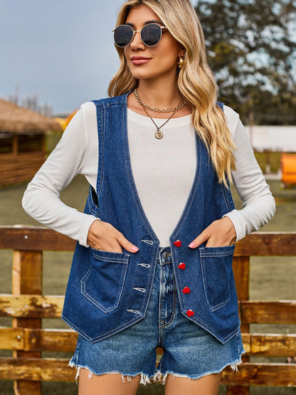 Women's heart button trend denim sleeveless vest