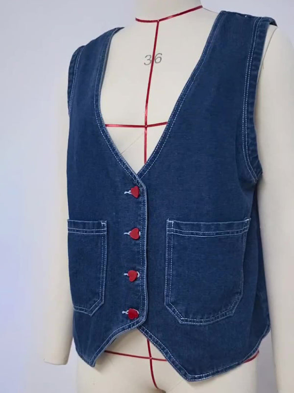 Women's heart button trend denim sleeveless vest