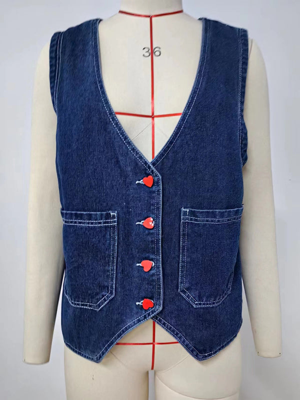 Women's heart button trend denim sleeveless vest