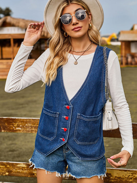 Women's heart button trend denim sleeveless vest