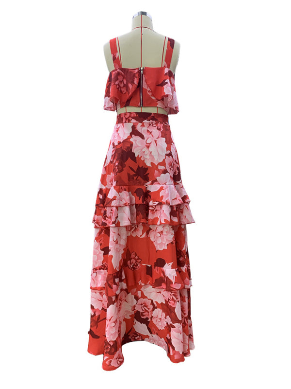 Women's camisole top with printed ruffle skirt set