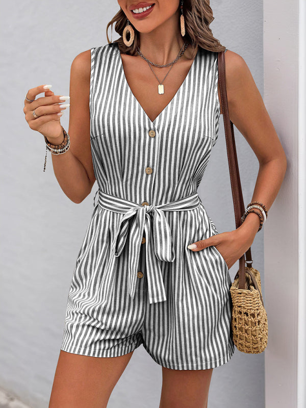 Women's V-neck sleeveless striped jumpsuit