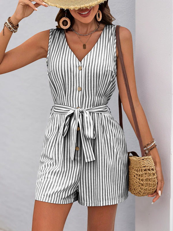 Women's V-neck sleeveless striped jumpsuit