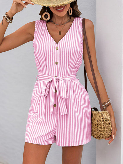 Women's V-neck sleeveless striped jumpsuit