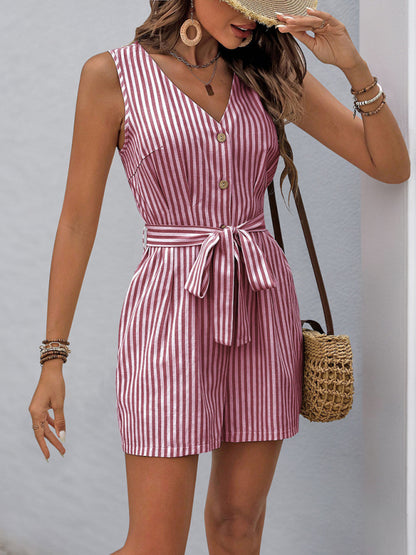 Women's V-neck sleeveless striped jumpsuit