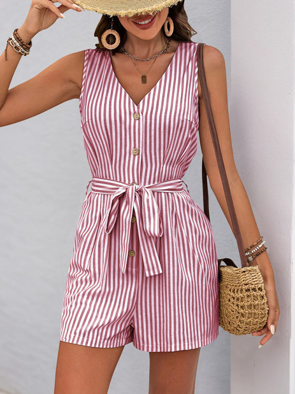 Women's V-neck sleeveless striped jumpsuit