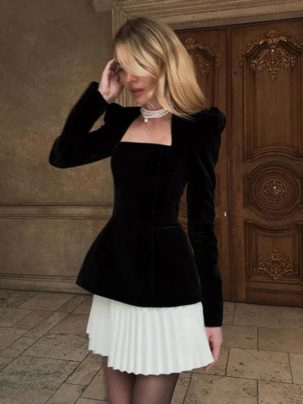 Women's long-sleeved color-blocked pleated hem mini skirt dress