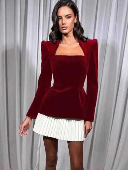 Women's long-sleeved color-blocked pleated hem mini skirt dress