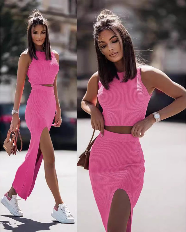 Women's solid color round neck vest skirt suit