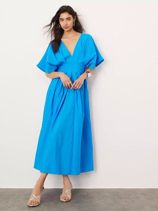 Women's V-neck Pleated Maxi Dress Loose Elegant Dress