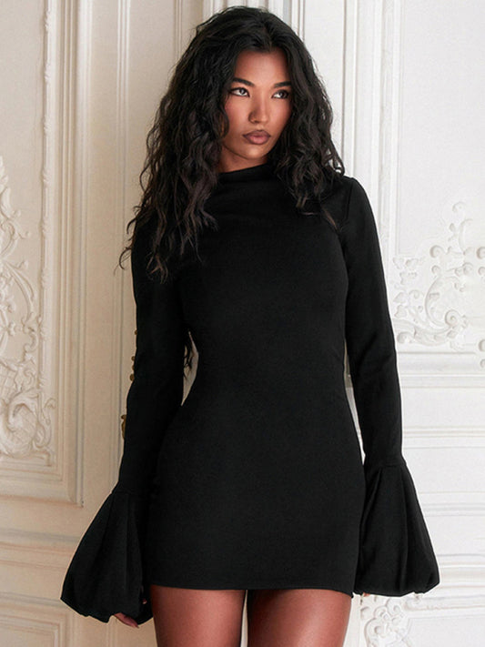 Women's round neck long sleeve puff sleeve dress