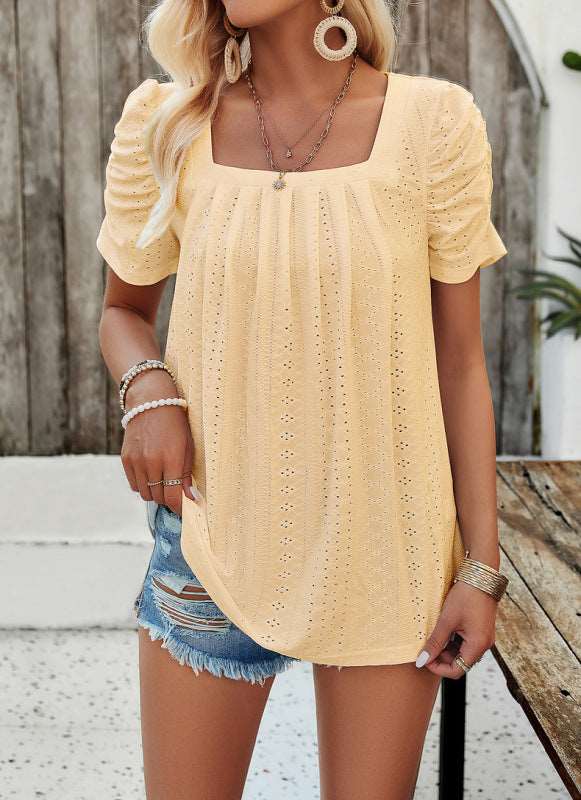 Casual solid color square neck puff sleeve shirt top