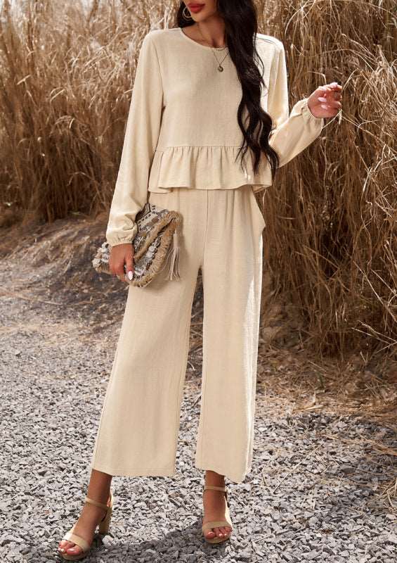 Women casual suit solid color long-sleeved top loose trousers