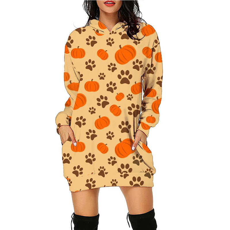 Halloween print mid-length pocket hooded long-sleeved sweatshirt for women's - FashionistaDeal