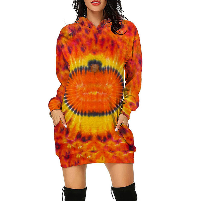 Halloween print mid-length pocket hooded long-sleeved sweatshirt for women's - FashionistaDeal