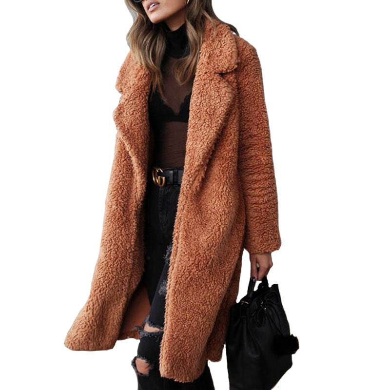 Women's loose long sleeve lapel plush jacket - FashionistaDeal