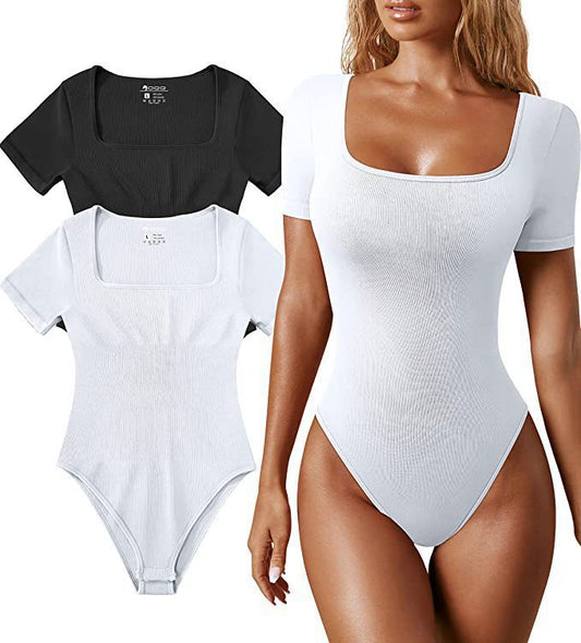 women's sexy square collar short sleeves bodysuit - FashionistaDeal