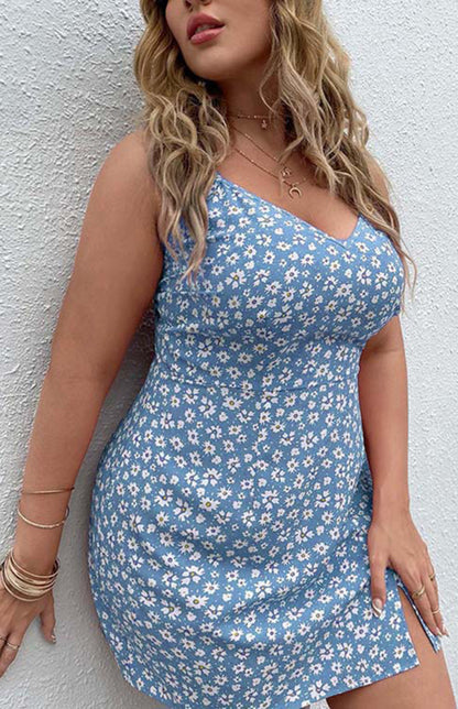 Women's Plus Size Floral Slit Sling Short Dress - FashionistaDeal