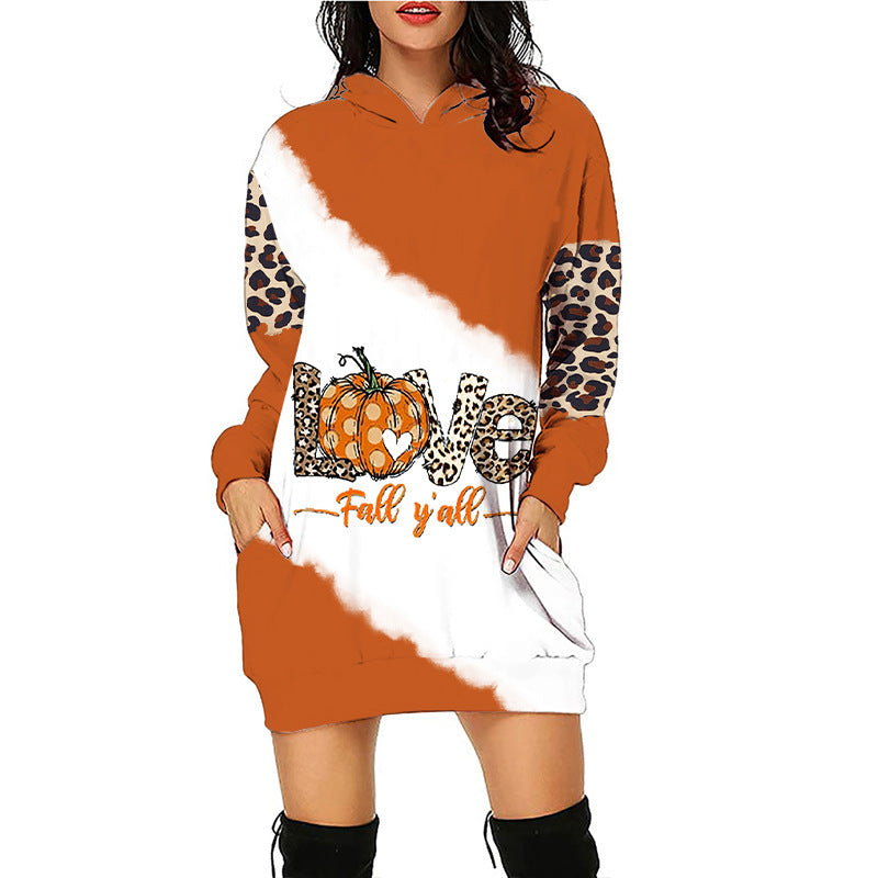 Halloween print mid-length pocket hooded long-sleeved sweatshirt for women's - FashionistaDeal