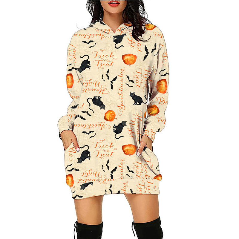 Halloween print mid-length pocket hooded long-sleeved sweatshirt for women's - FashionistaDeal