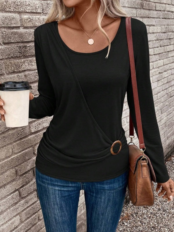 Women's Round neck buckle pleated waist fashionable top - FashionistaDeal