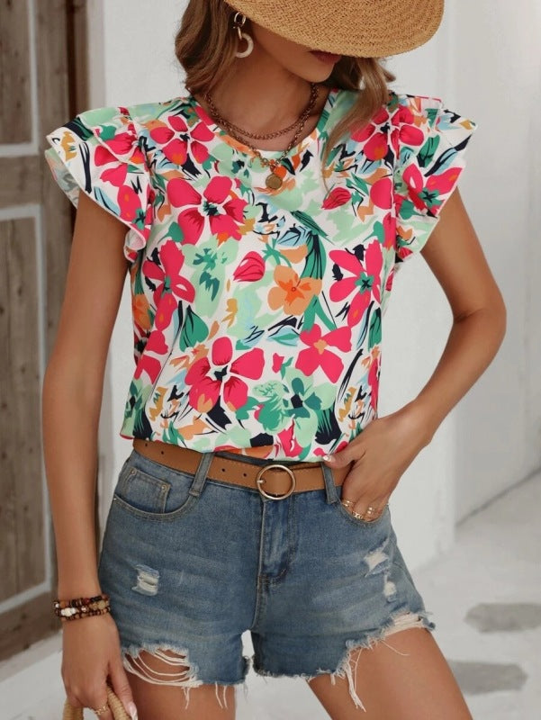 Women's Floral Print Flutter Sleeve Top - FashionistaDeal