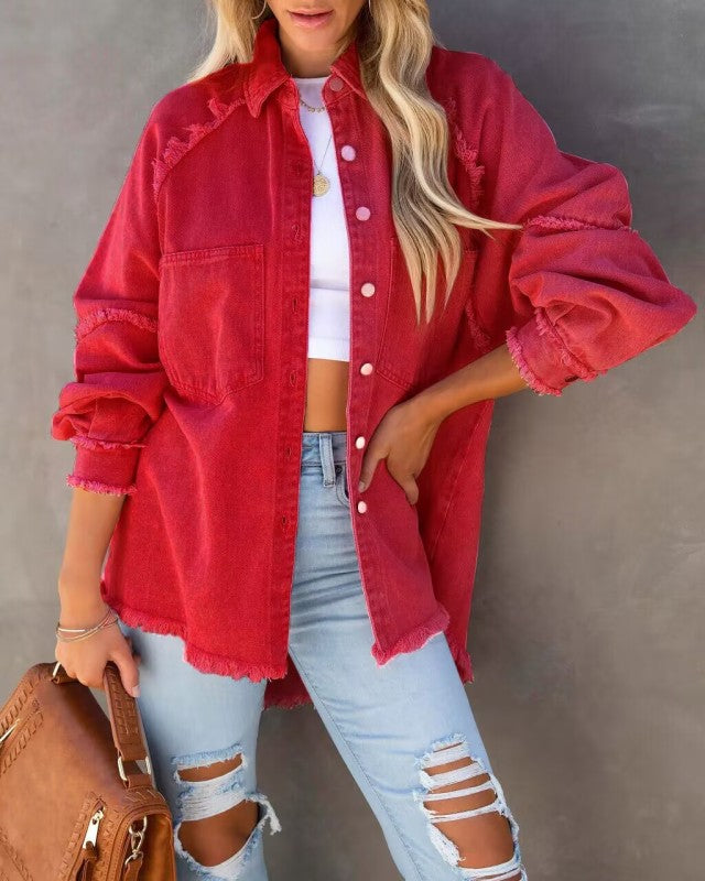 Casual Fringed Ripped Loose Denim Jacket - FashionistaDeal